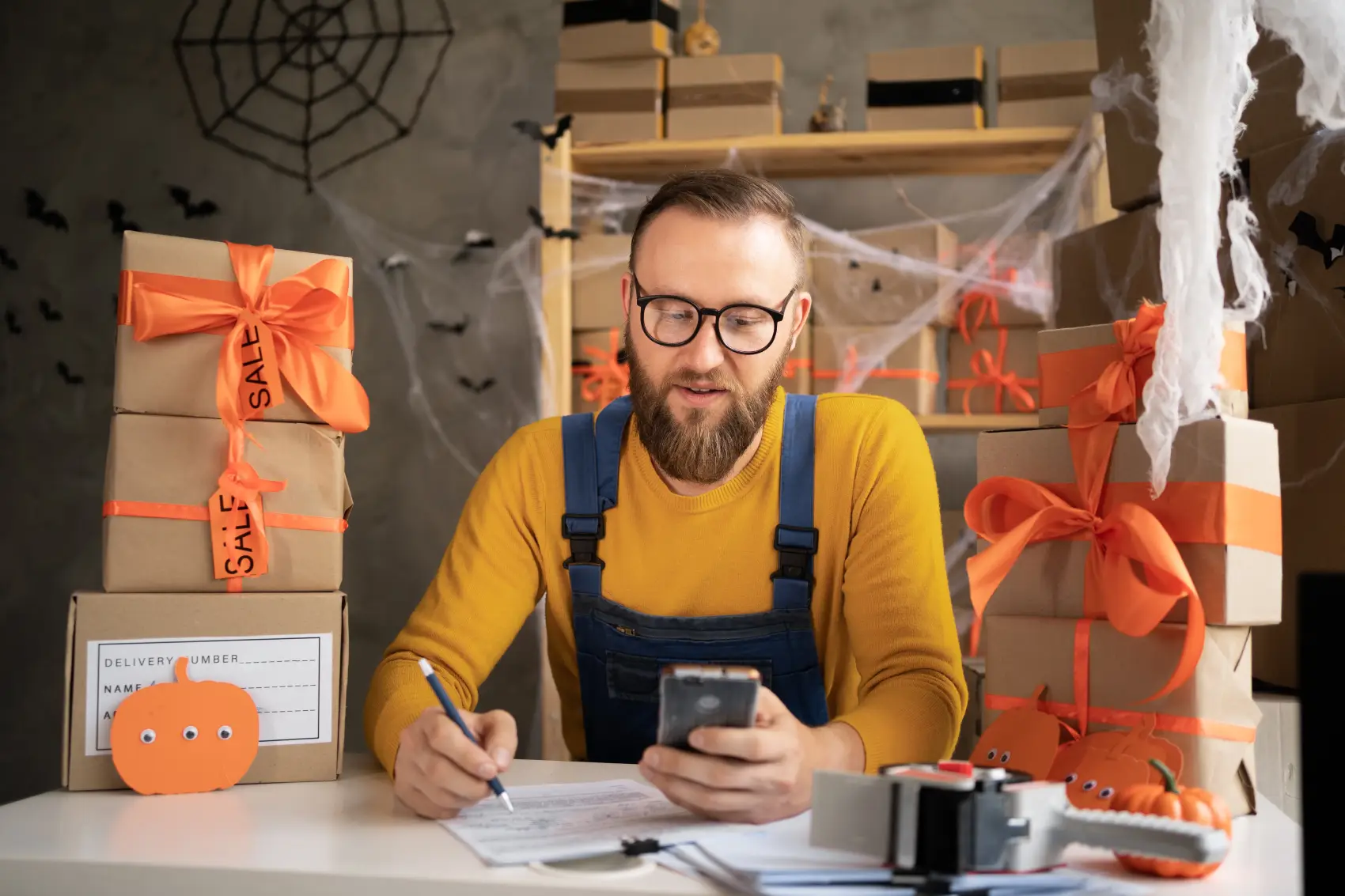 ideias de halloween - homem branco escrevendo em caderno, vestindo avental azul e caixas de estoque com decoração de hallowwen ao fundo
