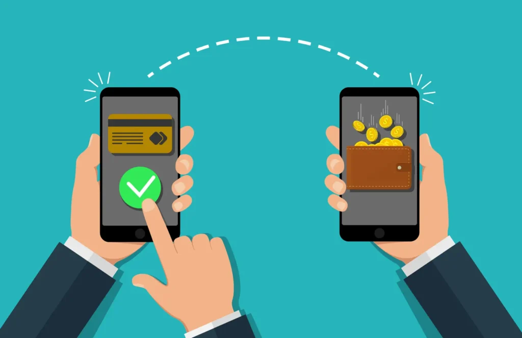 o que é carteira digital - ilustração mostrando mãos mexendo em aparelhos celulares com ícones de cartão de crédito e de pagamento aprovado