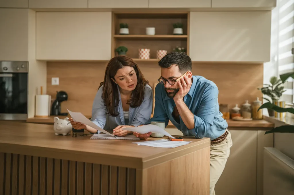 como-organizar-as-finanças casal pensativo analisando as finanças