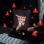 black fraude - Um conceito de alerta de segurança para e-commerce. Este aviso significa um risco em uma transação de compra on-line, possível fraude de pagamento ou uma ameaça de segurança cibernética ao usuário