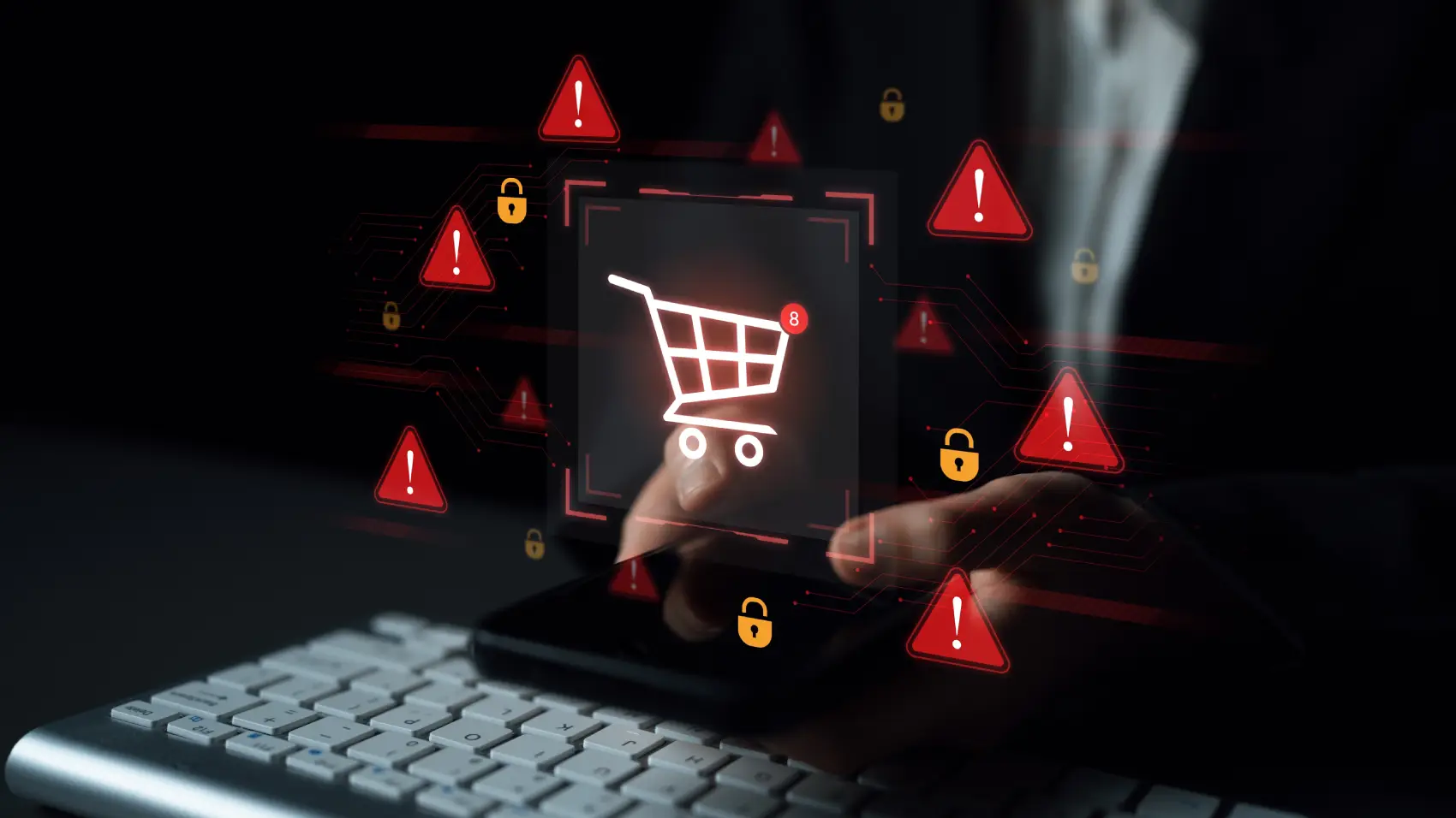 black fraude - Um conceito de alerta de segurança para e-commerce. Este aviso significa um risco em uma transação de compra on-line, possível fraude de pagamento ou uma ameaça de segurança cibernética ao usuário
