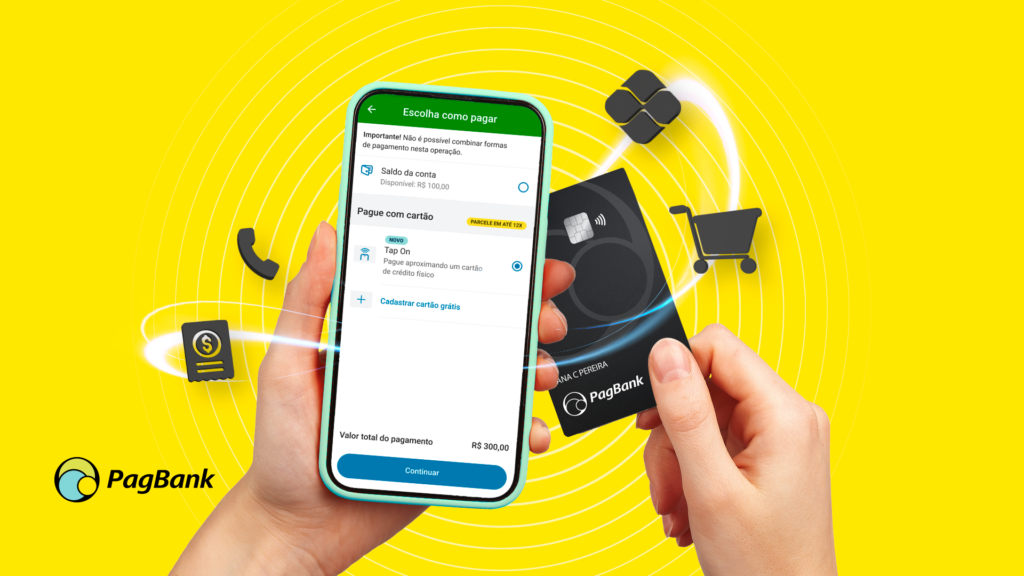 pagbank tap on - mão aproximando cartão pagbank de celular com app pagbank aberto