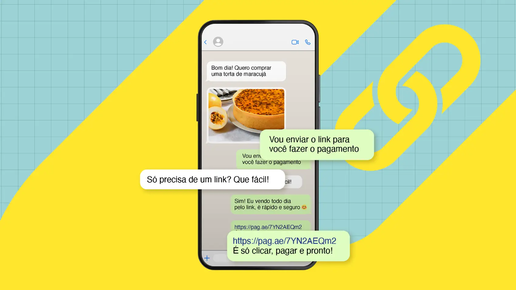 Como vender sem maquininha de cartão - imagem com fundo colorido mostrando um celular com conversas sobre Link de Pagamento
