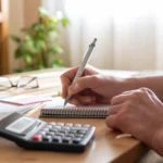 como investir em previdência privada - Mãos da pessoa usando uma calculadora e escrevendo notas em um caderno, gerenciando finanças, planejando orçamento e trabalhando em soluções para operações de negócios em uma mesa