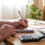 como investir em previdência privada - Mãos da pessoa usando uma calculadora e escrevendo notas em um caderno, gerenciando finanças, planejando orçamento e trabalhando em soluções para operações de negócios em uma mesa